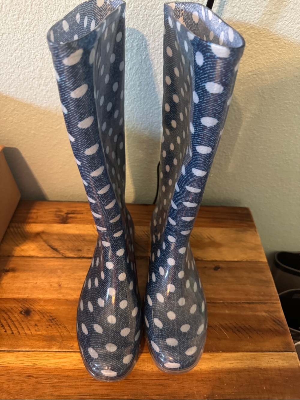 Denim Look Polka Dot Knee High Rain Boots Clear Lug Sole